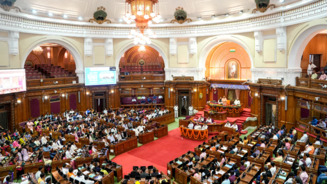 Gujarat Titans' Rahul Tewatia hits a boundary during the Indian Premier League cricket match between Gujarat Titans and Royal Challengers Bengaluru in Ahmedabad, India, Thursday, April 30, 2026. (AP Photo/Ajit Solanki)
